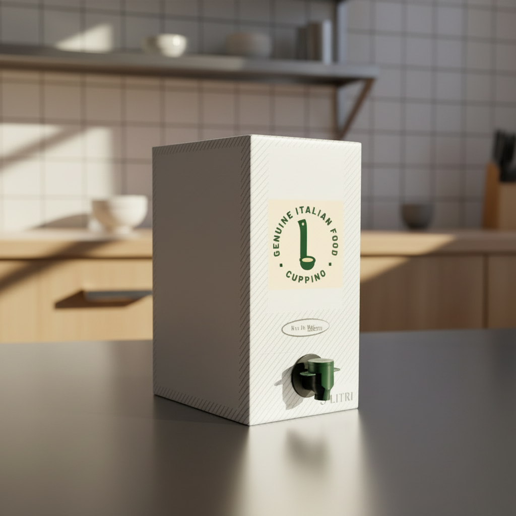White paper container (bag-in-box) for olive oil in a professional kitchen setup.