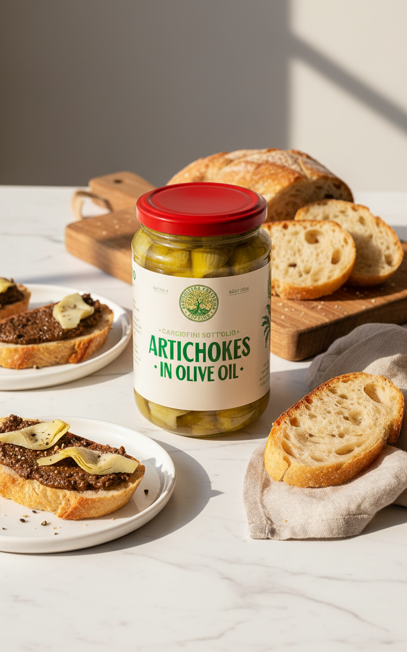 Jar of artichokes in olive oil with a red lid in the middle of aperitivo scene.