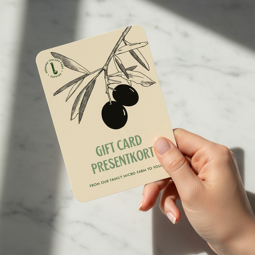 Gift card with olive branch illustration and text on a beige background