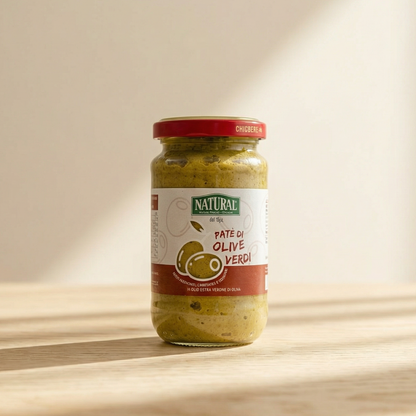 Jar of olive spread with a visible label on a wooden surface