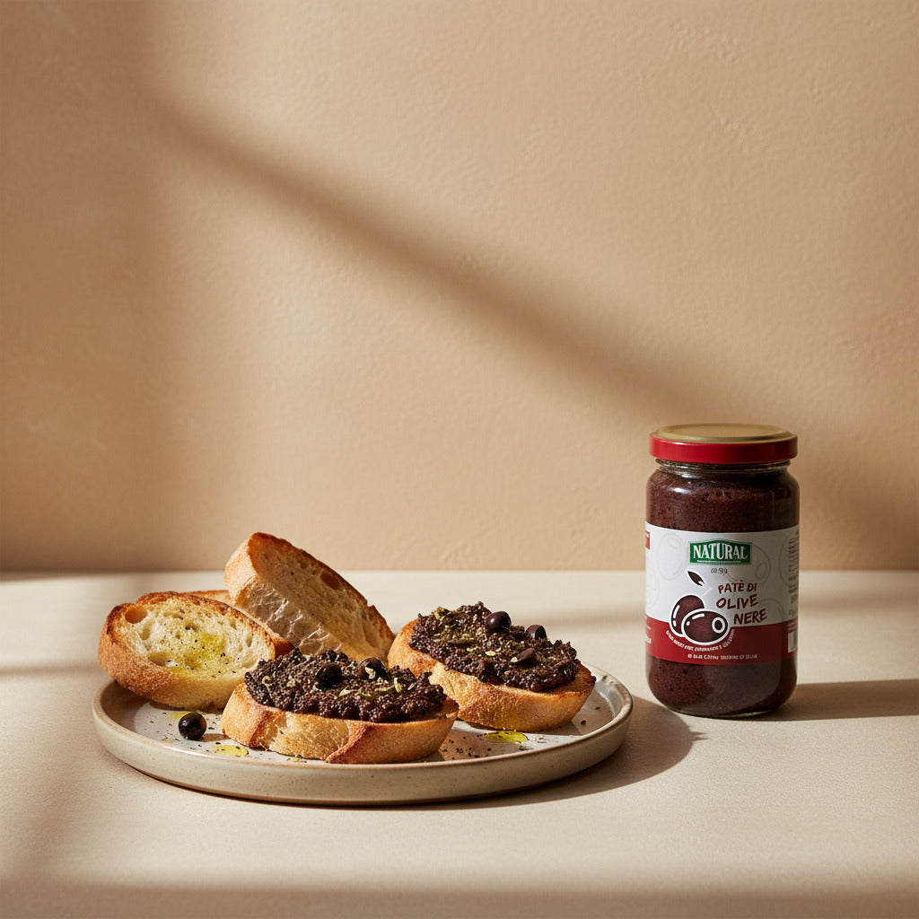 Jar of pate de olive on a plate with slices of bread spread with pate against a beige background