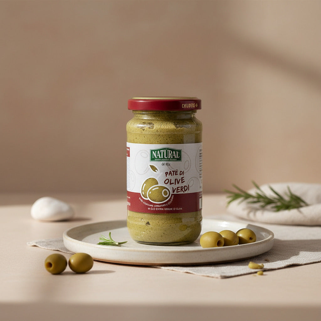 Jar of green olive spread with a red lid on a artistic background