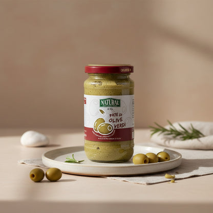 Jar of green olive spread with a red lid on a artistic background