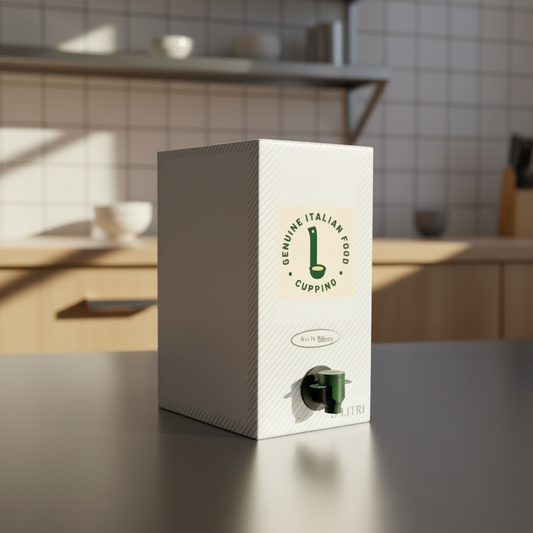 White paper container (bag-in-box) for olive oil in a professional kitchen setup.