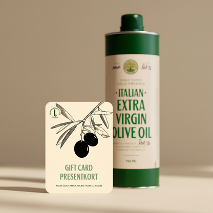 Gift card in front of a bottle of olive oil.