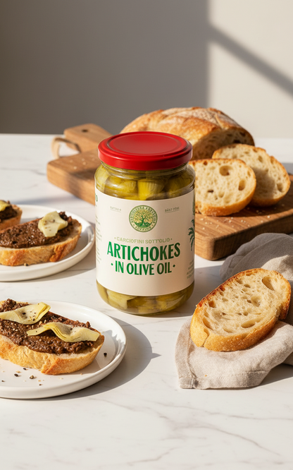 Jar of artichokes in olive oil with a red lid in the middle of aperitivo scene.