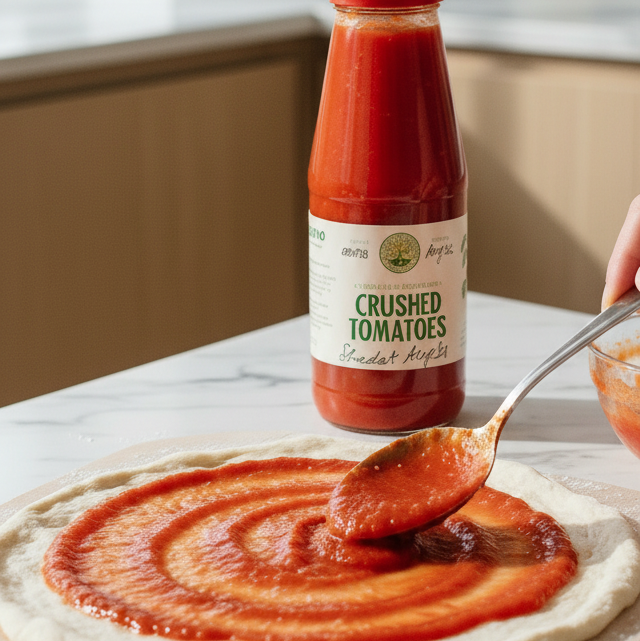Bottle of crushed tomatoes with a spoonful being applied to a pizza on a marble surface.