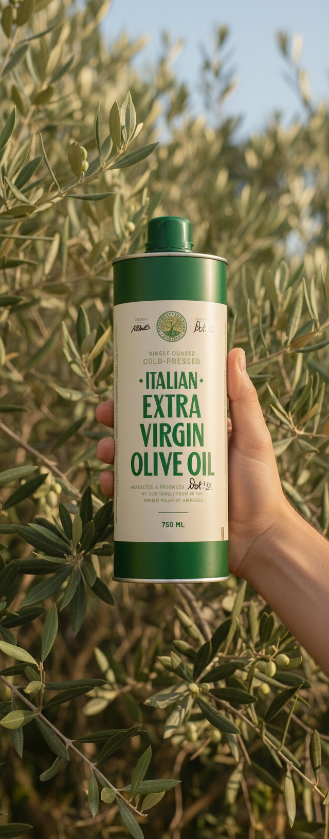 Hand holding a can of Italian Extra Virgin Olive Oil with olive trees in the background
