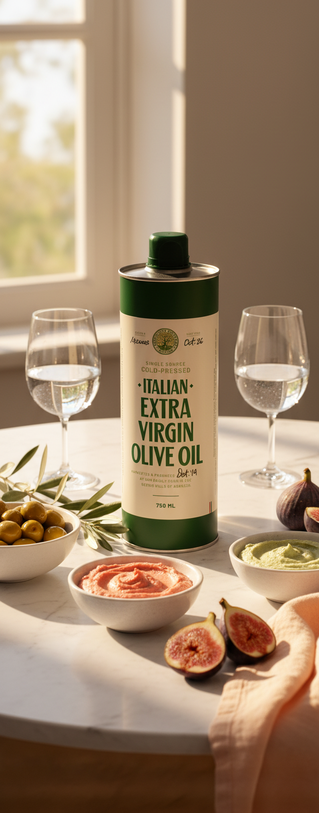 Bottle of Italian Extra Virgin Olive Oil on a table with food and glasses.