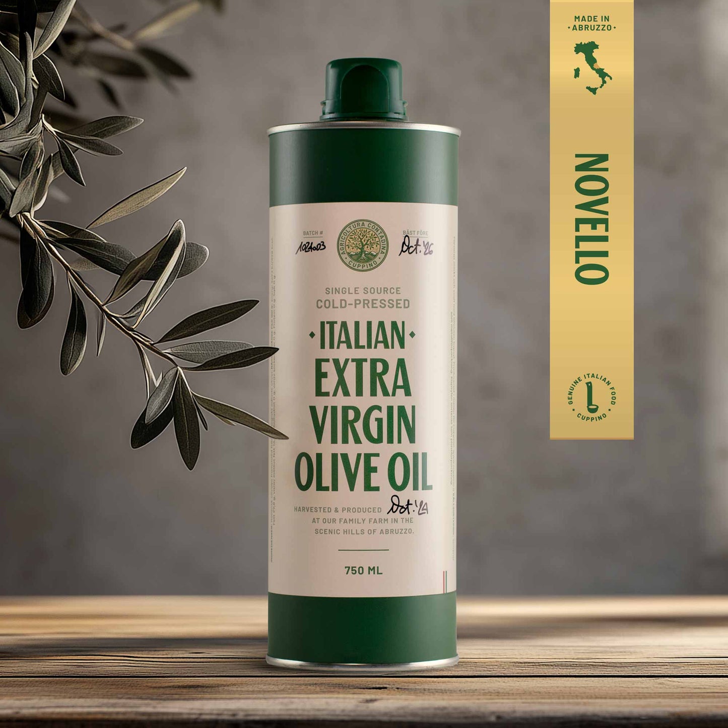A 750ml bottle of Italian Extra Virgin Olive Oil with a green cap, placed on a wooden surface with an olive branch in the background.