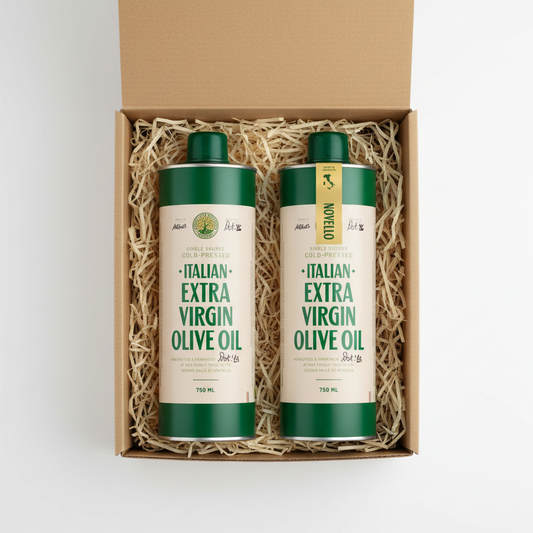 Two tins of Italian Extra Virgin Olive Oil and on has a Novello label in a gift box