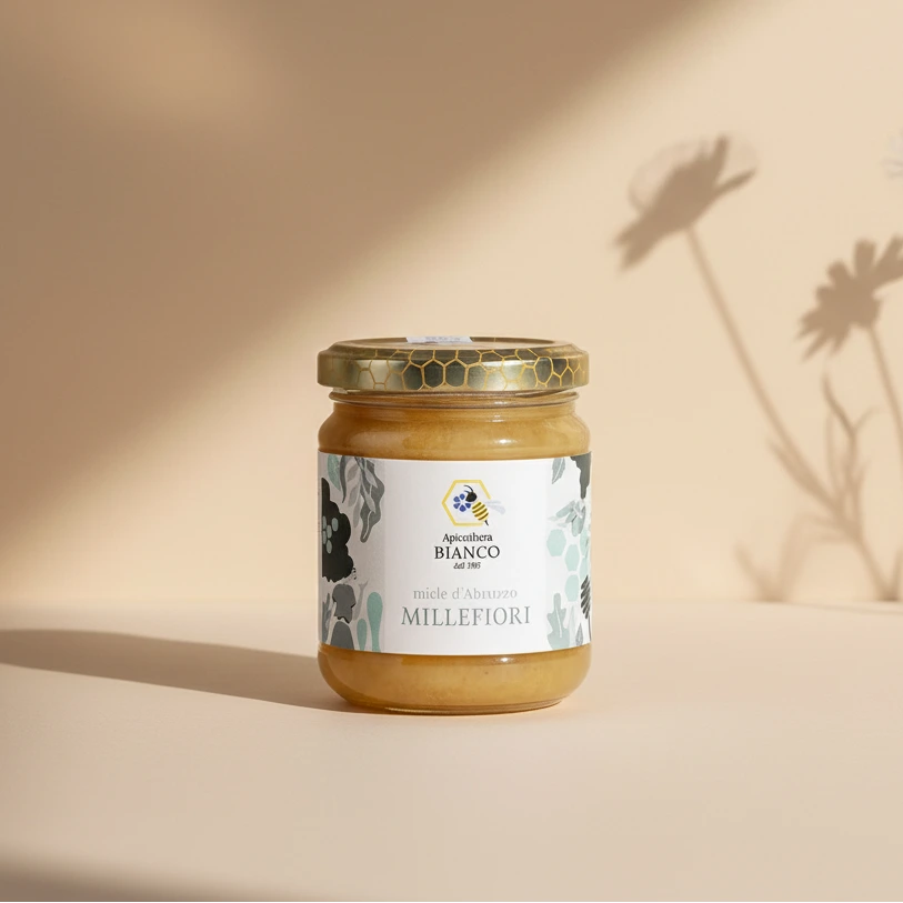 Jar of wildflower honey with a decorative label on a artistic background