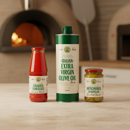 Three food products including crushed tomatoes, olive oil, and artichokes in olive oil on a pizzeria background.