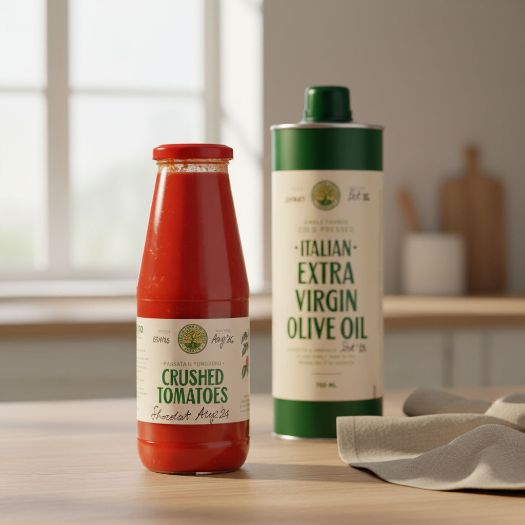 Jar of crushed tomatoes and bottle of Italian extra virgin olive oil in a kitchen background